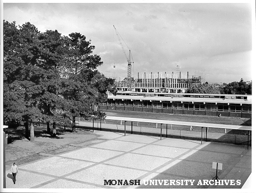 Engineering courtyard, June 1962, with Humanities building under construction in background