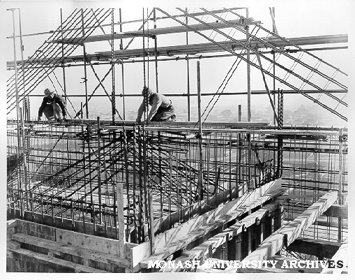 Construction workers shear wall reinforcing, Humanities building, 12 July 1962