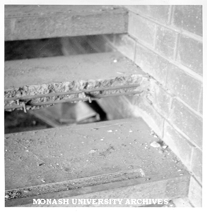Stair damage at Deakin Hall site, 16 January 1962
