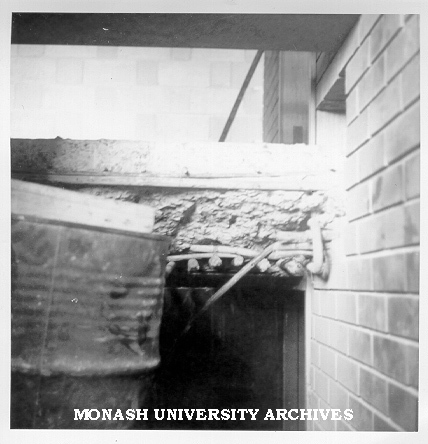 Concrete damage at Deakin Hall construction site, 16 January 1962