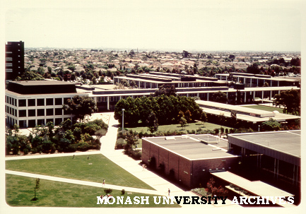 Science buildings with Union building at right and Medicine at left, December 1972