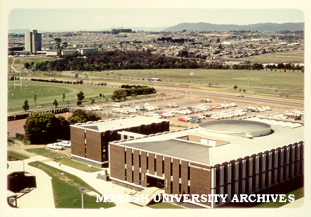 University Offices, December 1972, buildings a and b, Halls of residence in background