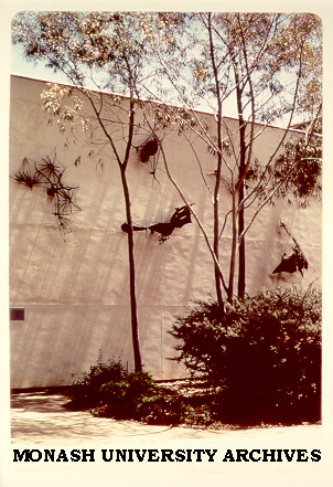 Clifton Pugh's 'Flying foxes' on wall of Science lecture theatre, December 1972