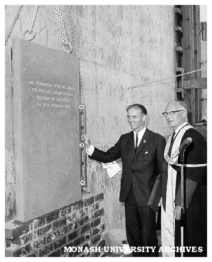 Mr. L.H.S. Thompson and Sir Robert Blackwood and foundation stone of Robert Blackwood Hall
