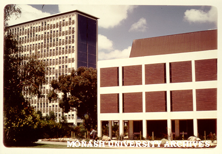 Biomedical library (right) and Menzies building (left), December 1972
