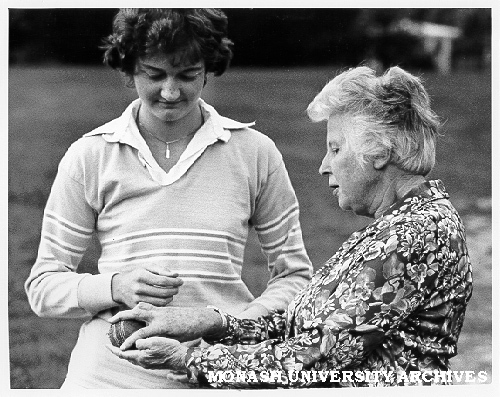 Kim Holmes, batswoman for Monash A Cricket Team, with coach Lola Cameron