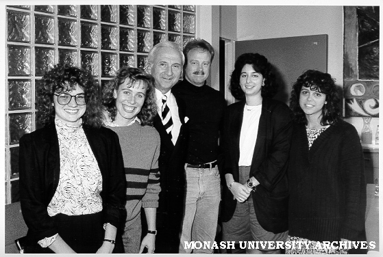 US Ambassador Mr Melvin Sembler (third left) with US Education Abroad students, from left: Laura Shanner, Carolyn Morgan, William Caplinger, Elana Jacobs and Christy Carello