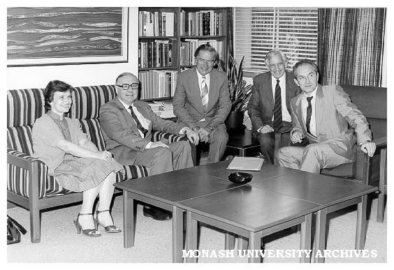 Soviet science delegates Mrs Anna Santalova and Mr Vladimir Volgin (left) and Mr Aleksandr Serdyuk (right) with Vice-Chancellor Professor Martin and Dean of Arts Professor Legge