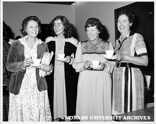 Graduation visitors. Victorian Opposition Leader's wife Mrs Jean Thompson (left), her daughter-in-law Theana, Premier's wife Mrs Nancye Cain, and Vice-Chancellor's wife Mrs Rena Martin