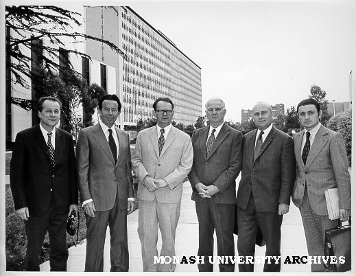 Pro-Vice-Chancellor Professor J. M. Swan (second left) with Soviet scientific delegation and embassy officials