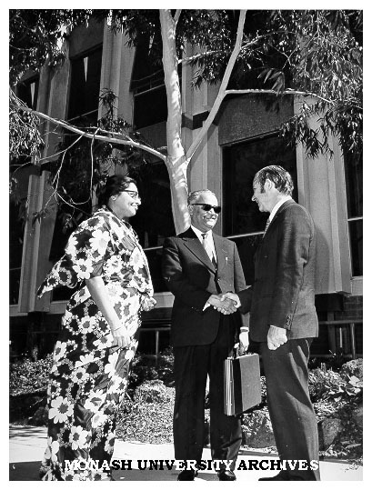 Pro-Vice-Chancellor Professor W. A. G. Scott (right) with visitors Professor and Mrs Huda from Dacca University
