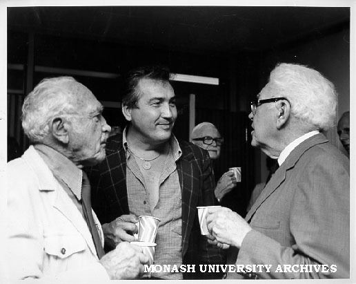 Xavier Herbert (left), Pino Bosi and Sir Mark Oliphant, participants in 'Australian Ethos' seminar