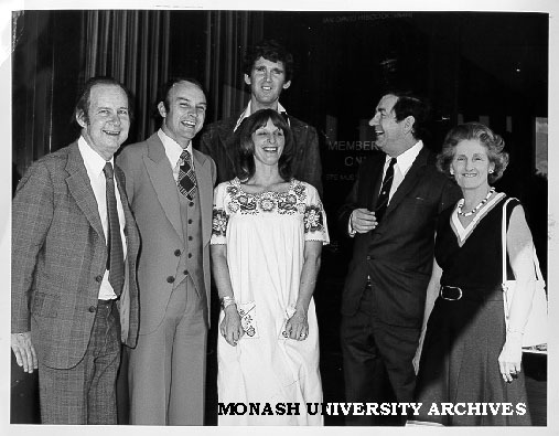 David Williamson and wife Kristen (centre), Dr Ian Hiscock(right), Professor W. A. G. Scott (left)