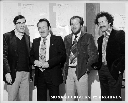 Mr Al Grassby (second left) at Centre for Migrant Studies with from left: Associate Professor Michael Clyne, Deputy Chairman of Centre; John McKay of Geography; and Dr Gil Best