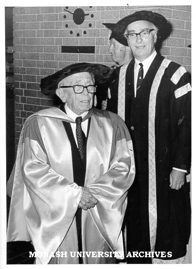 Professor A. R. Chisholm (left) with Vice-Chancellor Dr Louis Matheson, after receiving honorary Doctor of Letters