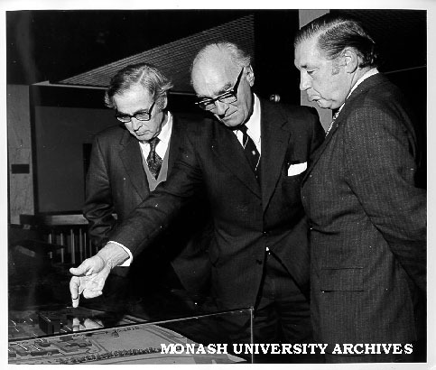Vice-Chancellor Dr Louis Matheson (centre) and Chancellor Sir Richard Eggleston (left) with Premier Mr Rupert Hamer