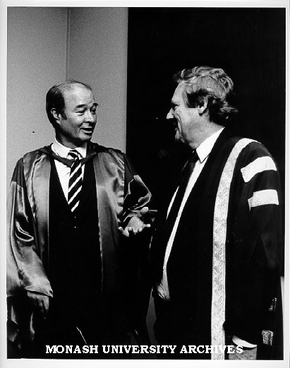 Dr Mechai Viravaidya (left), with Vice-Chancellor Professor Mal Logan, after being awarded honorary Doctor of Medicine