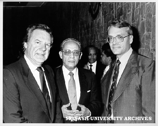 Indonesian Foreign Minister Mr Ali Alatas (centre) with Vice-Chancellor Professor Mal Logan (left) and Professor Merle Ricklefs