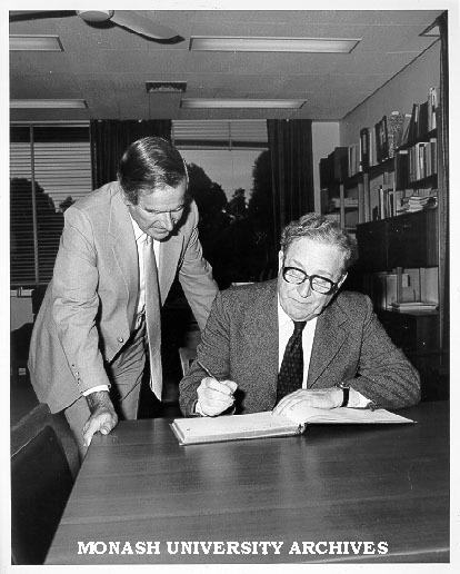 Sir Charles Mackerras signing Visitor's Book with Professor Ray Martin
