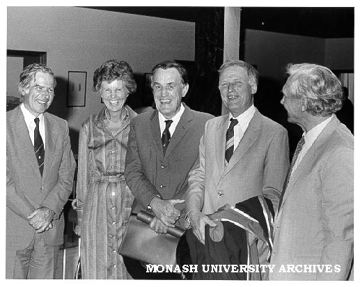 Sir Robert Hanbury Brown (centre) after award of honorary Doctor of Science with Mrs Hanbury Brown, Vice-Chancellor Professor Ray Martin (left), Professor Ron Brown (second right) and Deputy Vice-Chancellor Professor Kevin Westfold