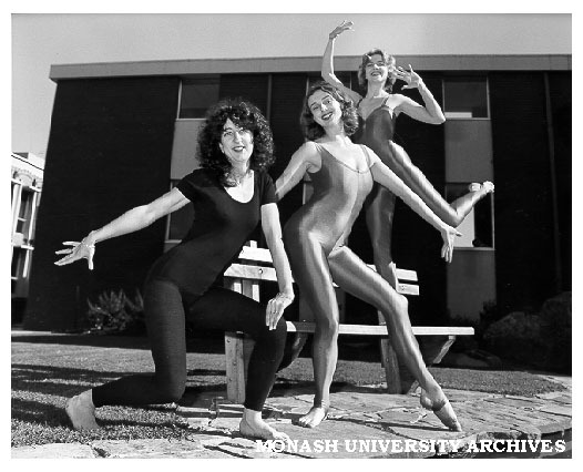 Modern Dance Group rehearsing for Open Day, from left: Gemma Miralles, Hilary Dickson, and Meredith Taylor in Vera Moore garden