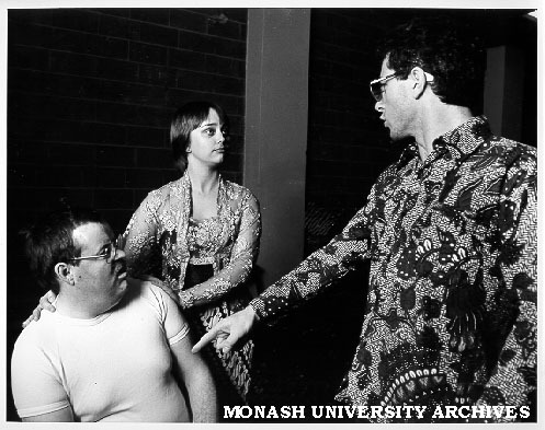 Rehearsal for 'Sekda'. Indonesian literature students, from left: Paul Tickell, Julie Giblett, Andrew Bird