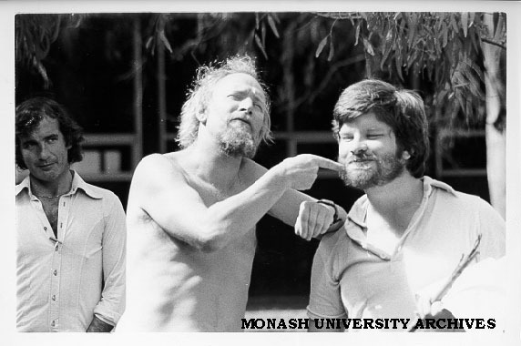 Rehearsal for 'Love's Labours Lost'. Peter Graves as Holofernes (right), Richard Pannell as Don Armado (centre), Michael Warren as Nathaniel