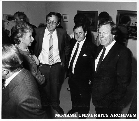 Guests at opening of University Gallery. Vice-Chancellor Professor Mal Logan (right), Comptroller Mr Peter Wade (centre), senior lecturer in Geography Dr Kevin O'Conner