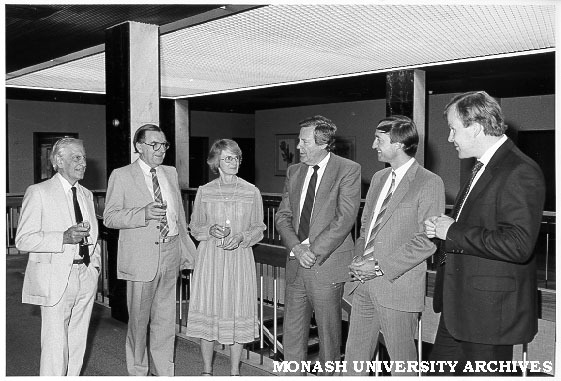 Professor Mal Logan with members of VCAB - Victorian Curriculum and Assessment Board, from left: Emeritus Professor J. Legge, Mr F. Rogan, Ms Sylvia Walton, Professor Logan, Dr Peter Hill and Mr W. Griffiths