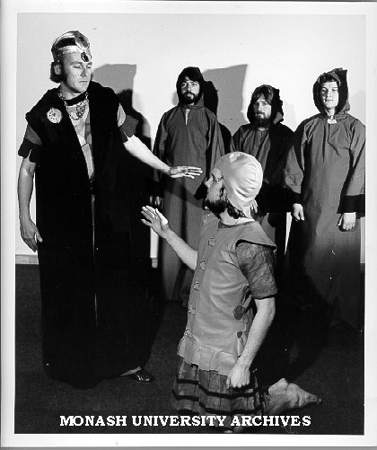 Scene from 'Antigone'. Peter Fitzpatrick as Creon, Tom Scott as Guard, Elders - Chris McInerny (left), Ian Hamilton, William Potts