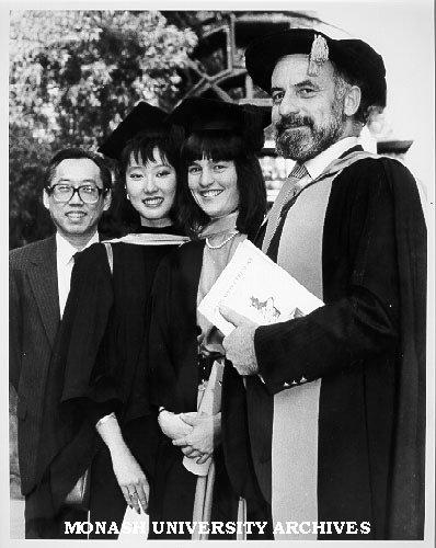 Chairman of Philosophy Mr Chin Lieu Ten (left) and daughter Hsiu-Hui with senior lecturer Dr Aubrey Townsend (right) and daughter Rachel