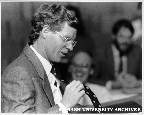 Victorian Treasurer Mr Rob Jolly displaying Monash tie at launch of chair in Public Sector Management