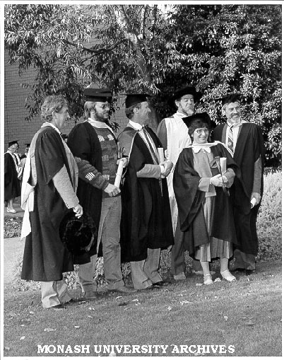 Graduates in Master of Public Health. Drs Nick Crofts, Michael Ackland, Cathy Finocchiaro and John Cole - with senior lecturer Dr Geoff Cross (left) and course co-ordinator Dr Tony Ryan (rear)