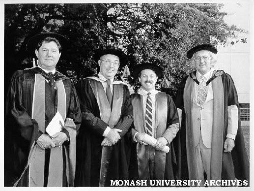 Graduates in Special Education: Dr Peter Heggart (second left) and Dr Frank Sofo (second right), with PhD supervisor Dr Peter Edwards (left), and Dean of Education Professor Peter Fensham