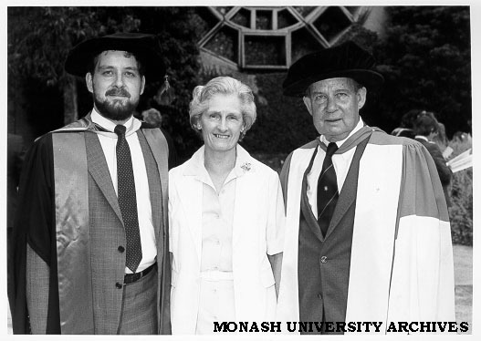 Tim Scott (left) with parents former Vice-Chancellor Professor W. A. G. Scott and Mrs Margaret Scott