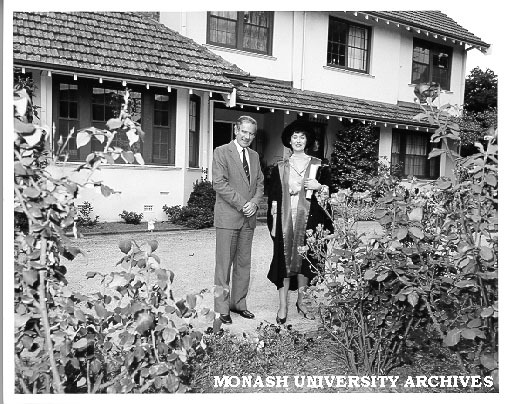 Ros Smith (right) with Vice-Chancellor Professor Ray Martin outside Vice-Chancellor's house