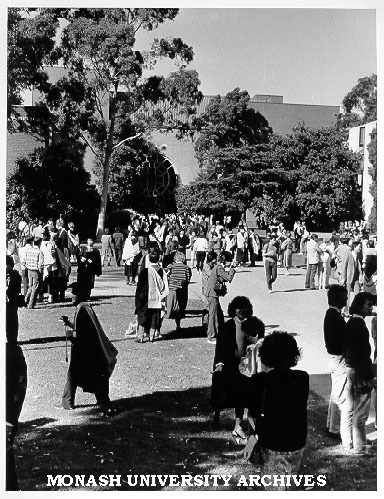 Graduates and guests outside Robert Blackwood Hall
