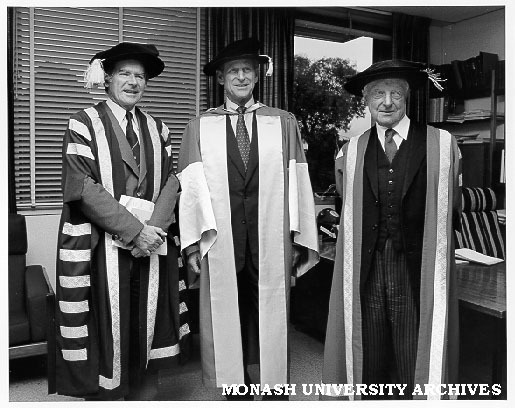 HRH Prince Philip, Duke of Edinburgh (centre) with Vice-Chancellor Professor Ray Martin (left) and Chancellor Sir George Lush after Silver Jubilee graduation ceremony