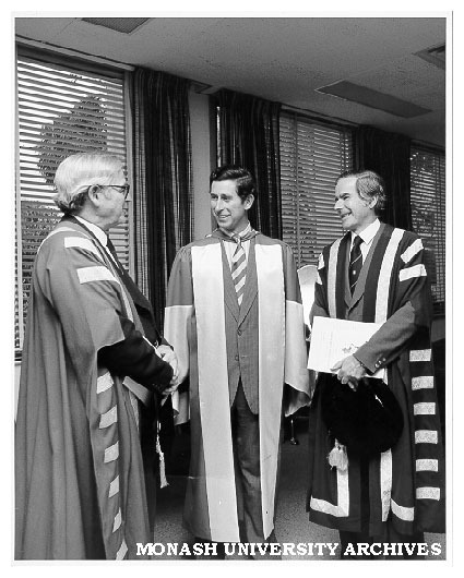 Prince Charles after award of honorary Doctor of Laws with Chancellor Sir Richard Eggleston (left) and Vice-Chancellor Professor Ray Martin