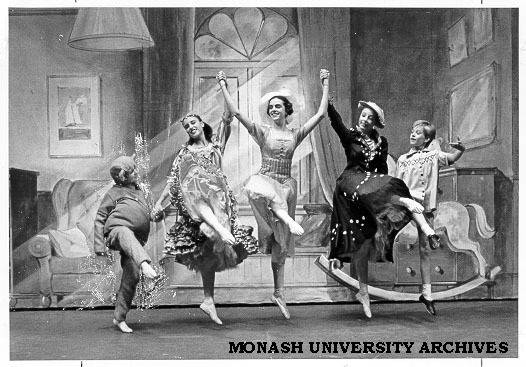 Scene from 'Tales of Christopher Robin'. Kate Ryan (centre), with from left: Natasha Dey (Poor Bear), Jennifer Lemmel (Gypsy Girl), Jodi Wright (Pearly Queen) and Christopher Robin (Timothy Heathcote)