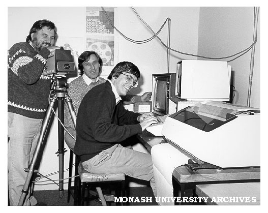 Chisholm Computer Imaging laboratory. Imaging Group lecturers Dr Charles Osborne (left) and Dr Imants Svalbe with computer imaging professional Mr Ron Van Schyndel