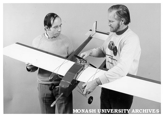 Half scale prototype design for remotely piloted plane and tracking system designed by Mr Don Scutt of Mechanical Engineering (right) and Dr Ian Kirkwood of Mathematics