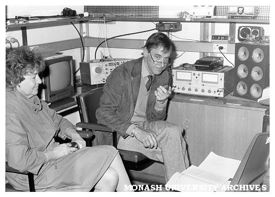 Lecturer in Communication Studies Dr Tony Keulemans and Librarian Ms Jean Gourlay taking part in tele-conference