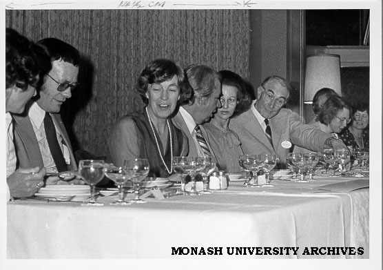 Futurology Symposium dinner. from left: Mrs Colin Cameron, Dr R. Browne, Mrs Ron Cumming, Mr H. Hudson, Mrs S. Elias [and Mr Ron Cumming]