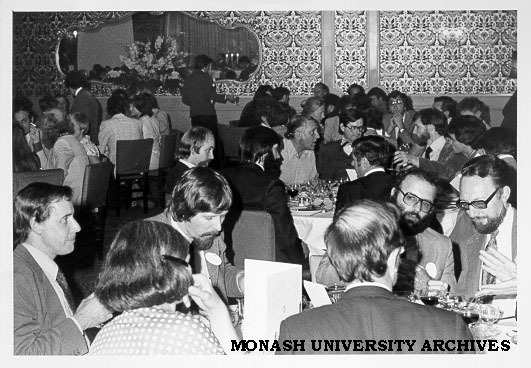 Futurology Symposium dinner. Convenor Dr Tony Keulemans, with Dr Don MacRae, Mr Joe Mula, Mr A. Ascui and (backs to camera) Dr N. Knight and Mrs Knight