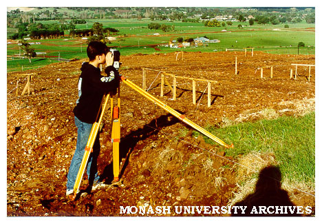 Field work student using surveying equipment