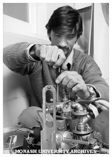 Mechanical Engineering student Mr Dennis Stathos working on Chisholm 80, one of two Chisholm entries in Shell Mileage Marathon