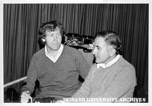 Paul Rodan (left) and David Ken preparing to tape CIT weekly program Renaissance Radio, on 3RRR