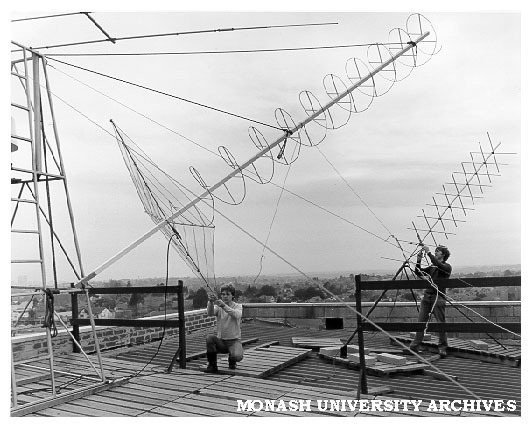 Electrical engineering students with antennae designed to communicate with ATS-1 satellite with Michael Little and Andrew Edwards