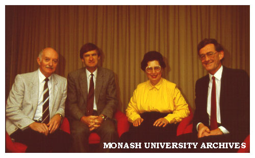 Chisholm computer staff. Ray Newland (Computer Centre Manager), Jack Greig (Head School of Computing &amp; Information System), Pearl Levin (Principal Lecturer) and John White (Assoc. Director Planning &amp; Resources)